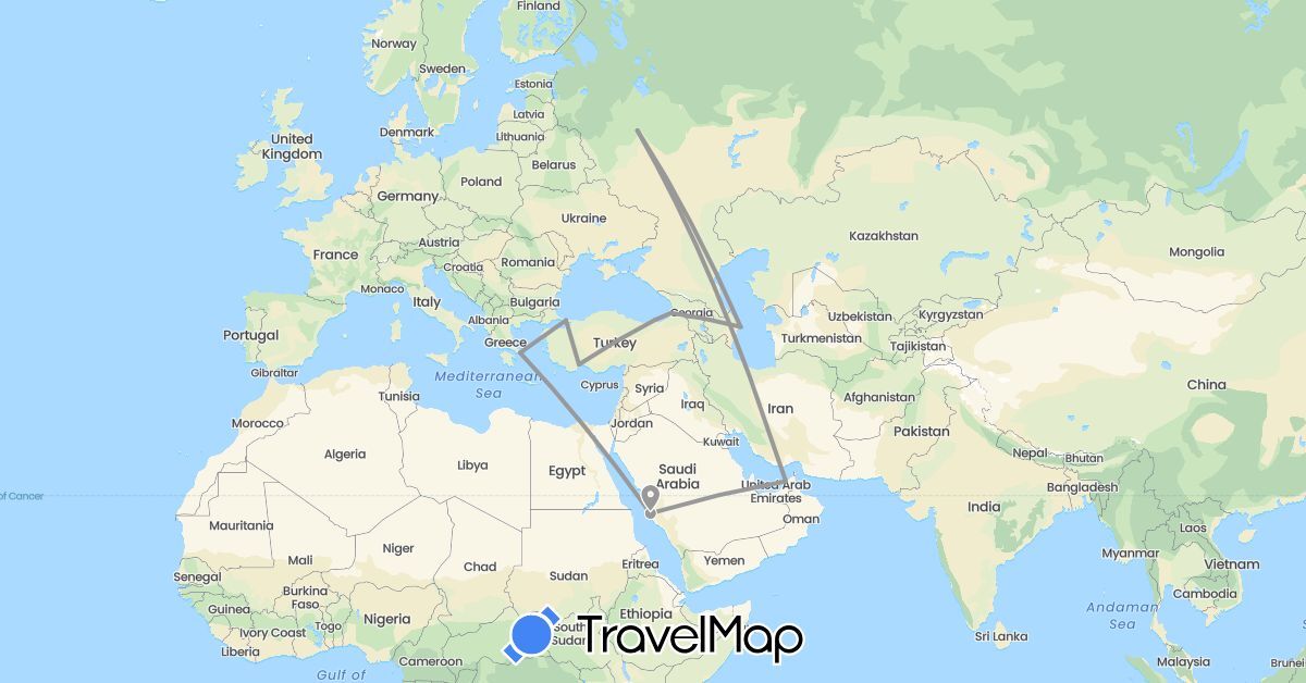 TravelMap itinerary: driving, plane in United Arab Emirates, Azerbaijan, Georgia, Greece, Russia, Saudi Arabia, Turkey (Asia, Europe)